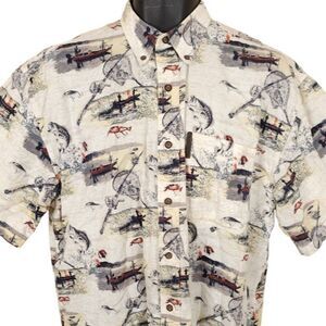 Bass Fishing Camp Shirt Mens Size Medium Beige All Over Print North River